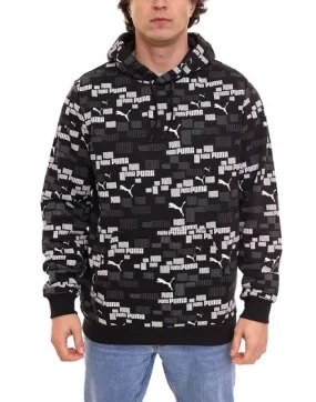 PUMA ESS LOGO Herren stylischer Kapuzen-Pullover Freizeit-Hoodie mit Allover-Print 676819 01 Schwarz/Weiß