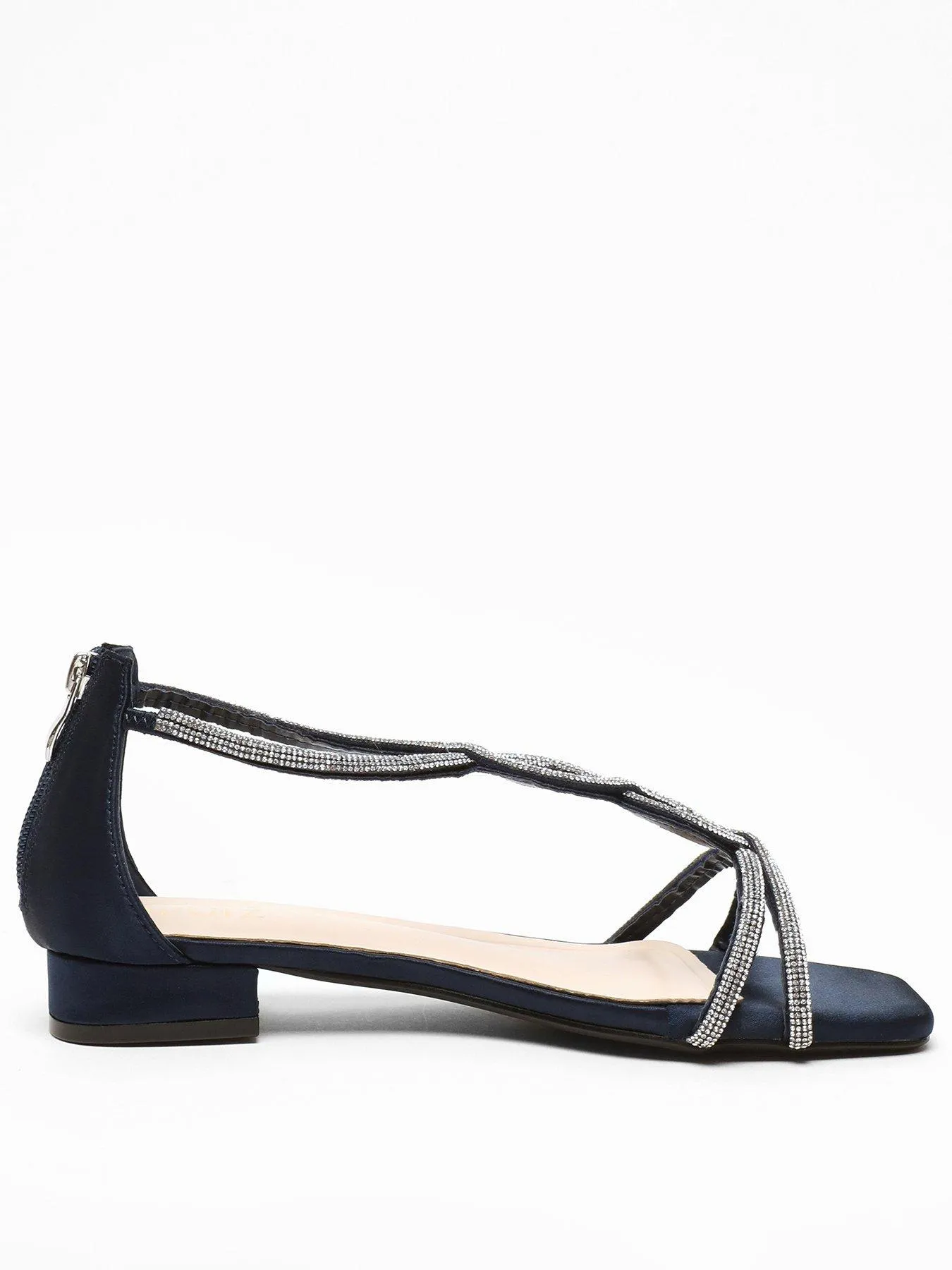 Quiz Navy Satin Diamante T-strap Flat Sandals