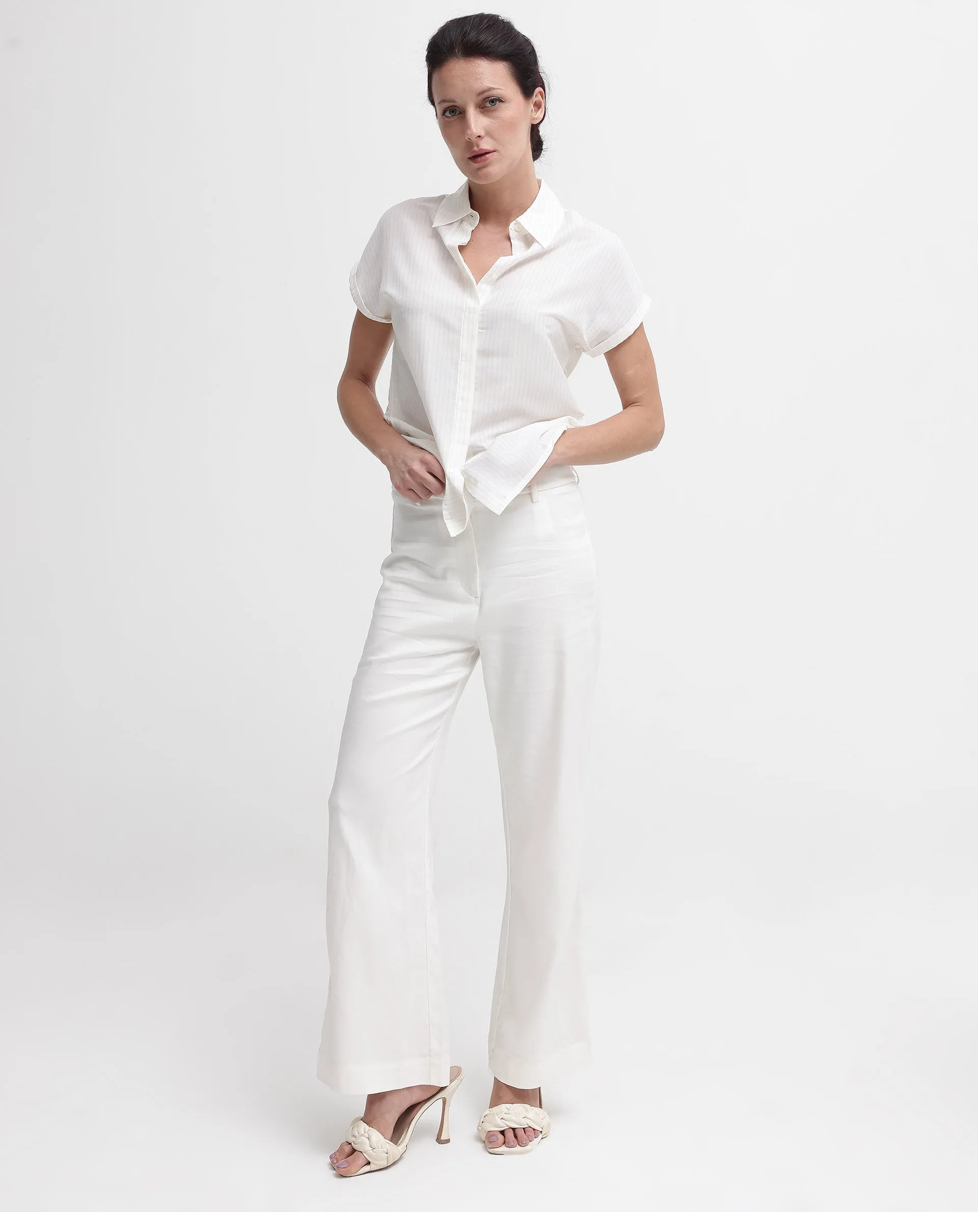 Rareism Women Europa Light White Polyester Fabric Sleeveless Collared Neck Button Closure Stripe Regular Fit Top