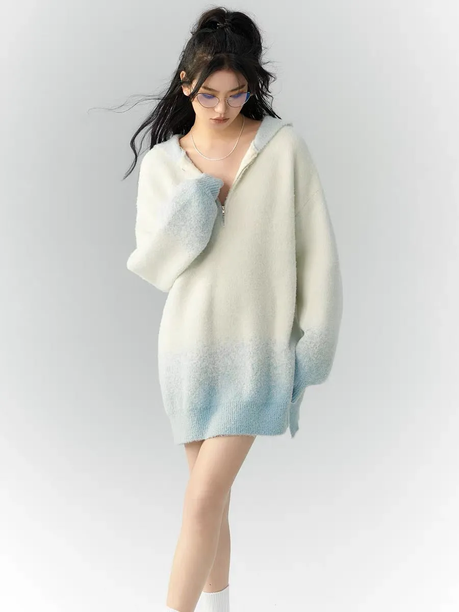 [Ready stock] OfAkiva relaxed and lazy oversize gradient hooded sweater for women autumn V-neck sweater