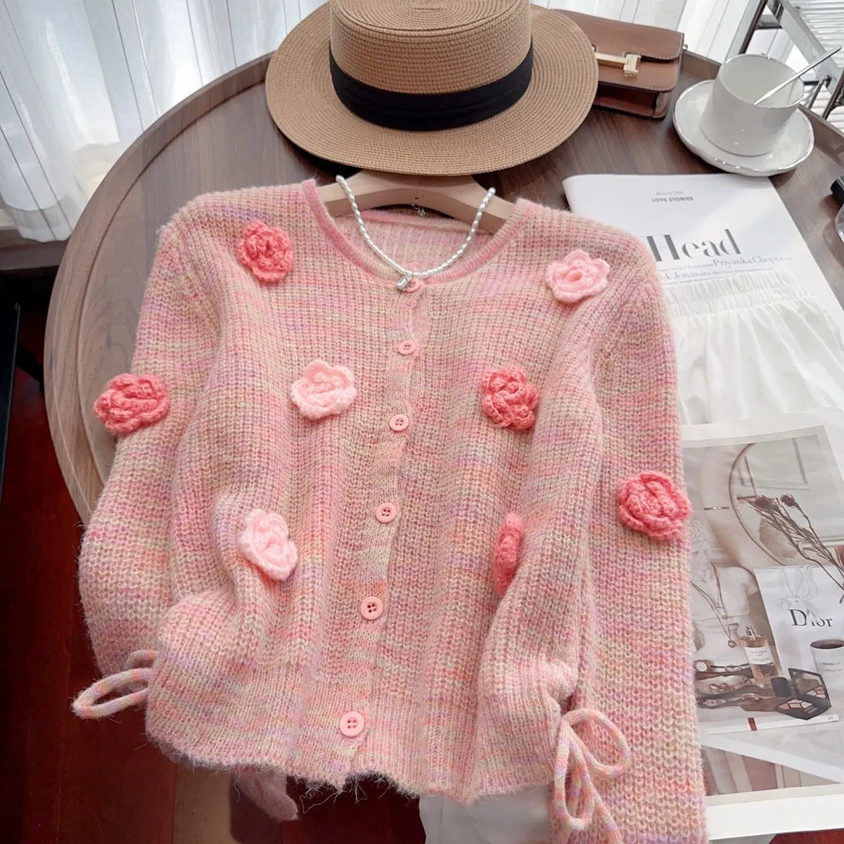 Recommended by Nancy Cici for her own use~Early autumn sweet three-dimensional flower drawstring short knitted cardigan sweater 