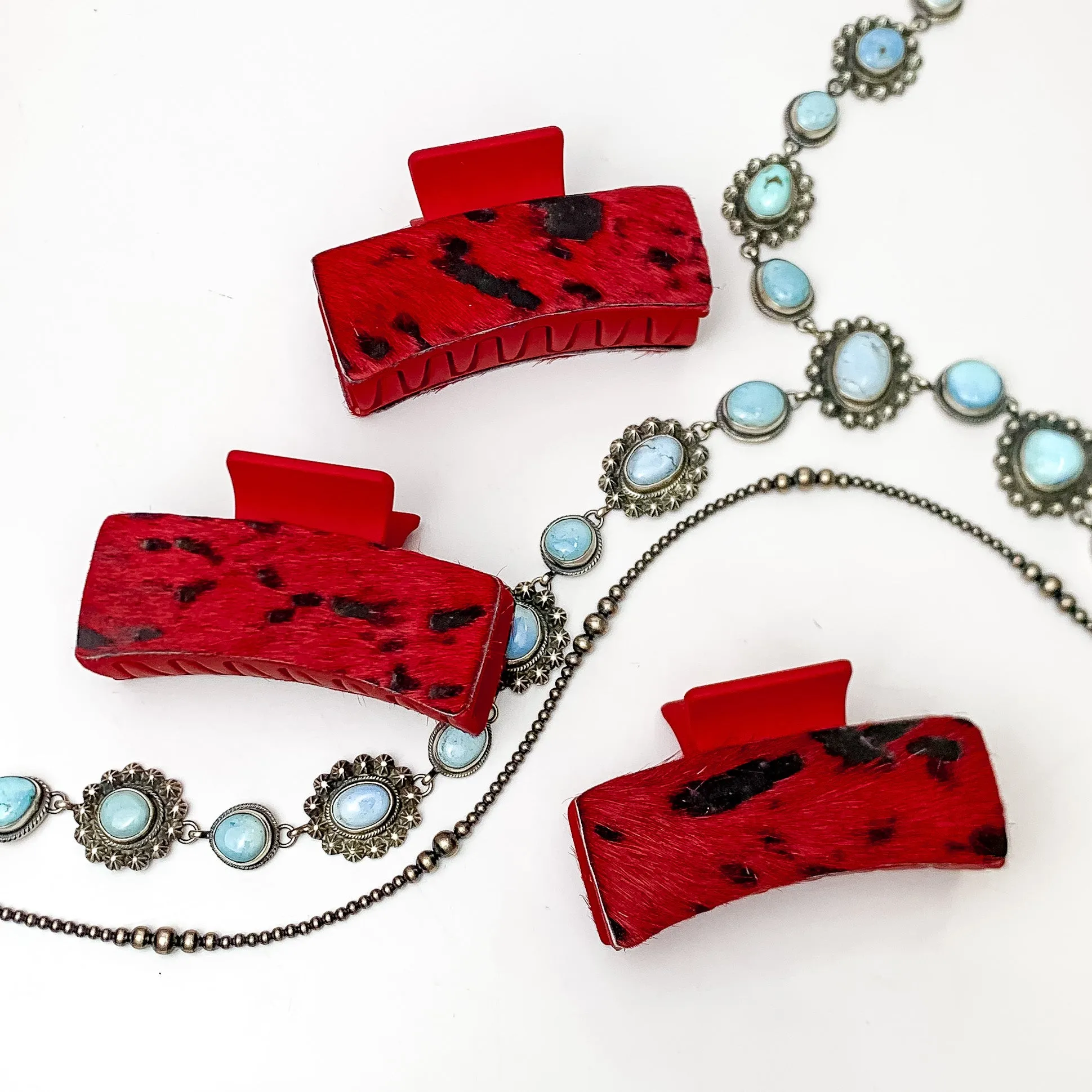 Red Rectangle Claw Clip with Red and Black Acid Wash Cowhide