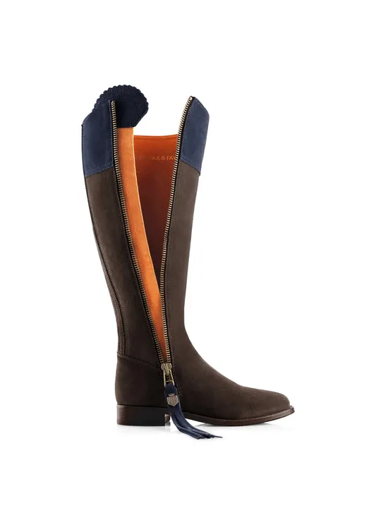 Regina       40% Off   |   Save £150  chocolate & navy Flat Knee-high Boots        - Sporting Fit