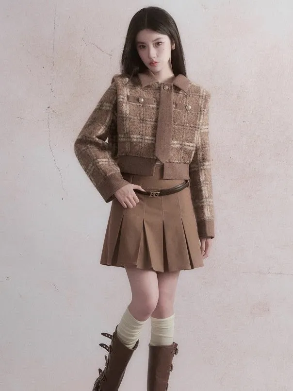 Retro Check Short Jacket & Pleated Skirt