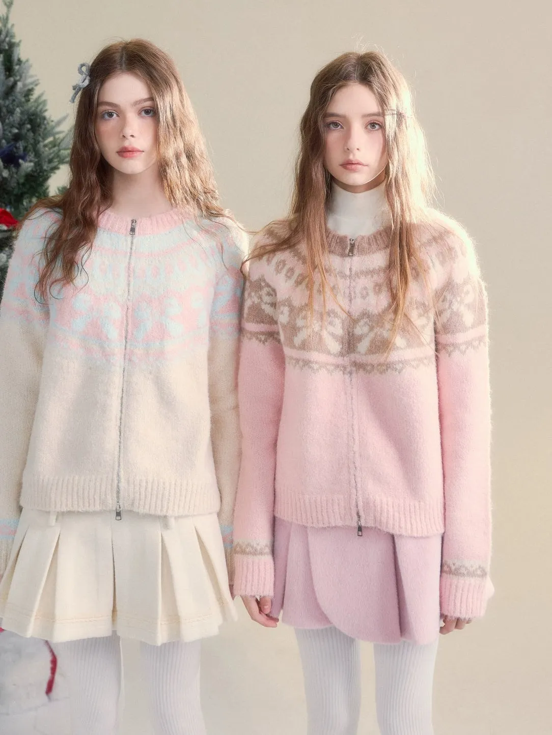 Retro Fair Isle Bow Texture Knitted Cardigan