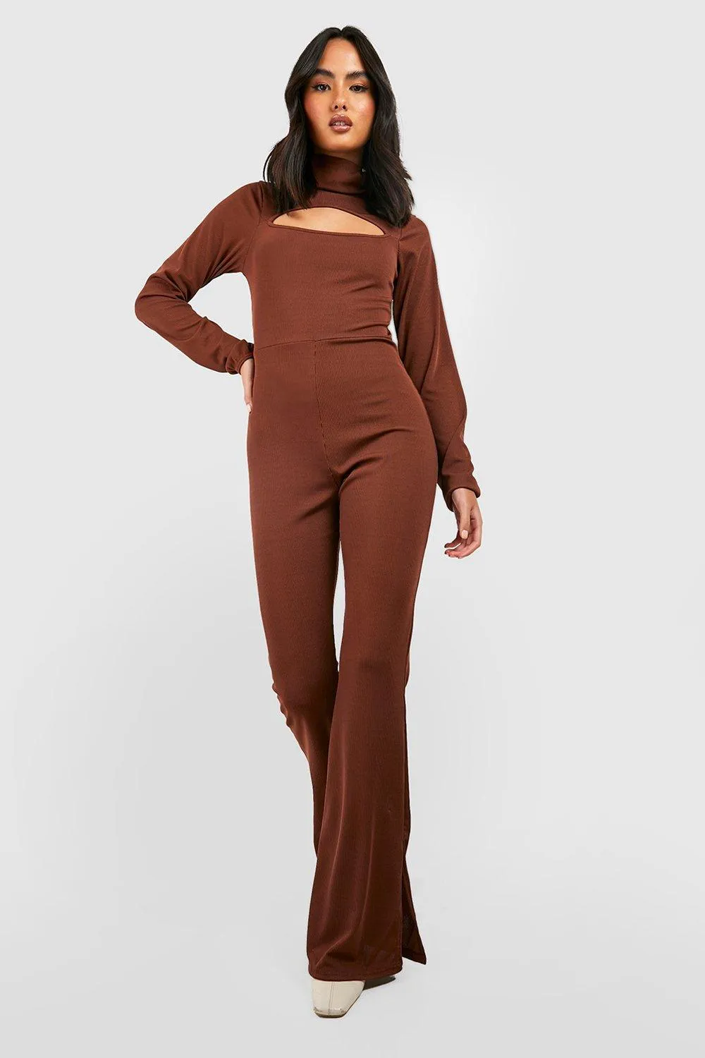 Rib Turtleneck Spit Hem Jumpsuit