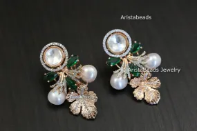 Rose Gold Kundan Baroque Pearl Earrings - Green