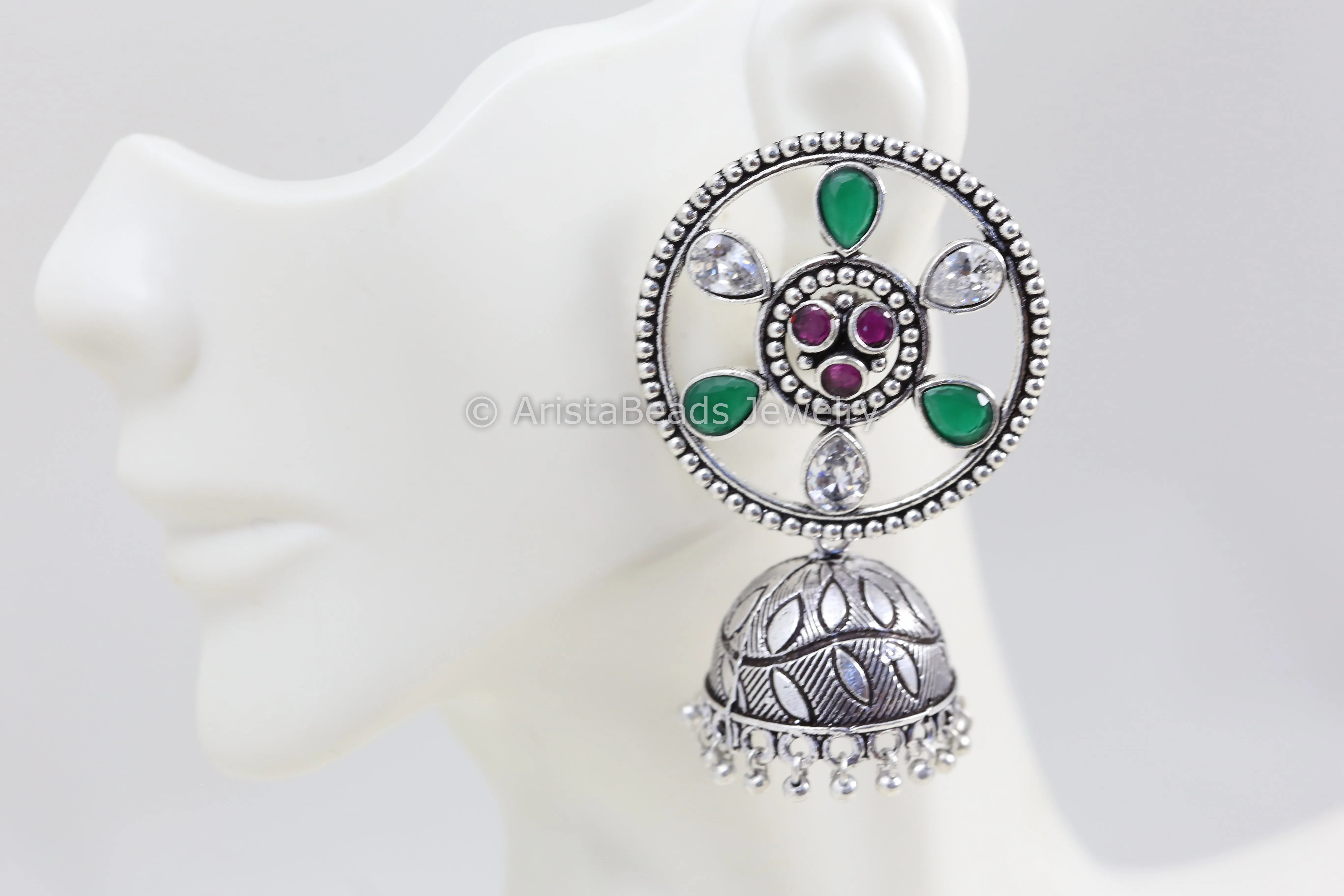 Round Stud Jhumka - Green White Stones