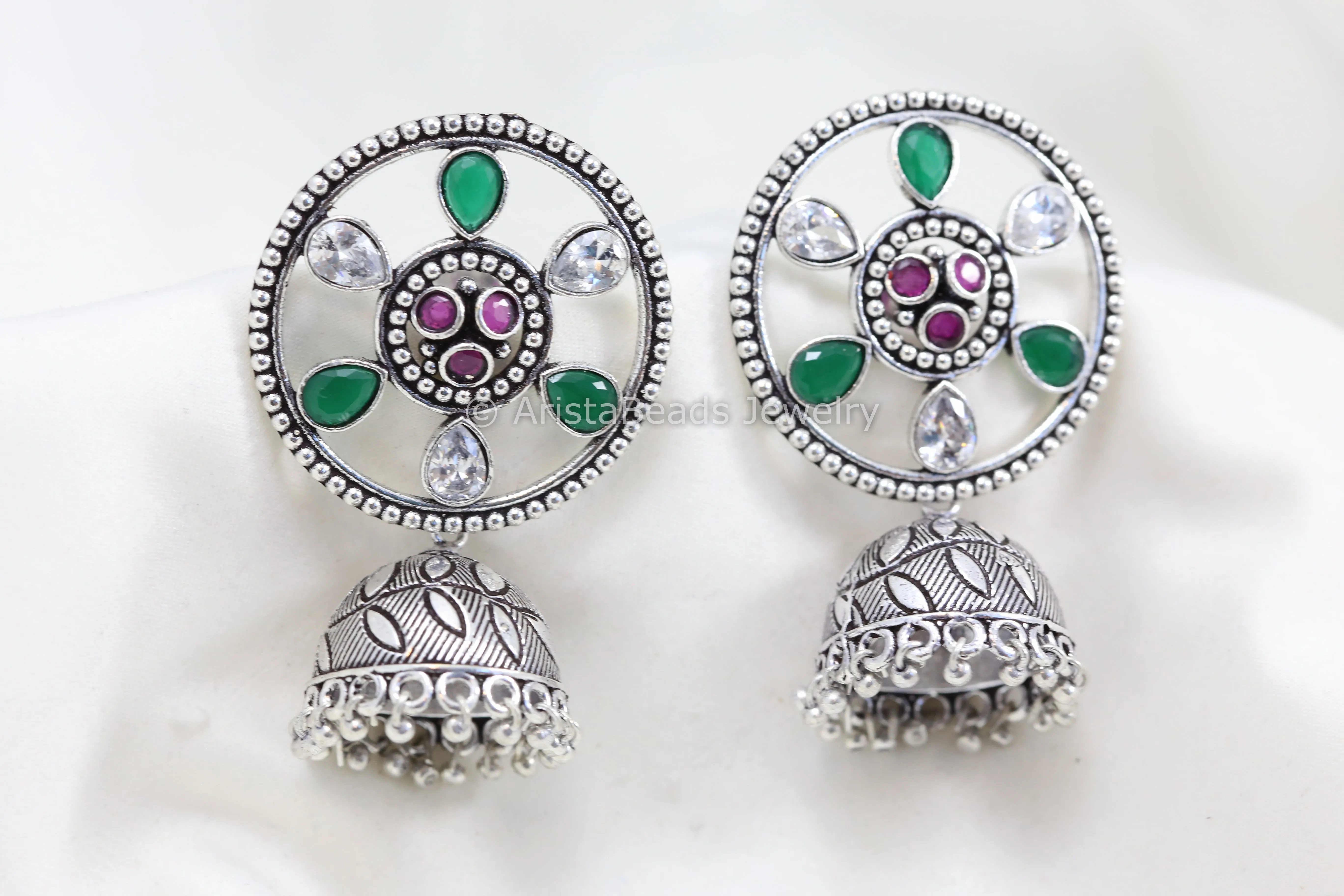 Round Stud Jhumka - Green White Stones