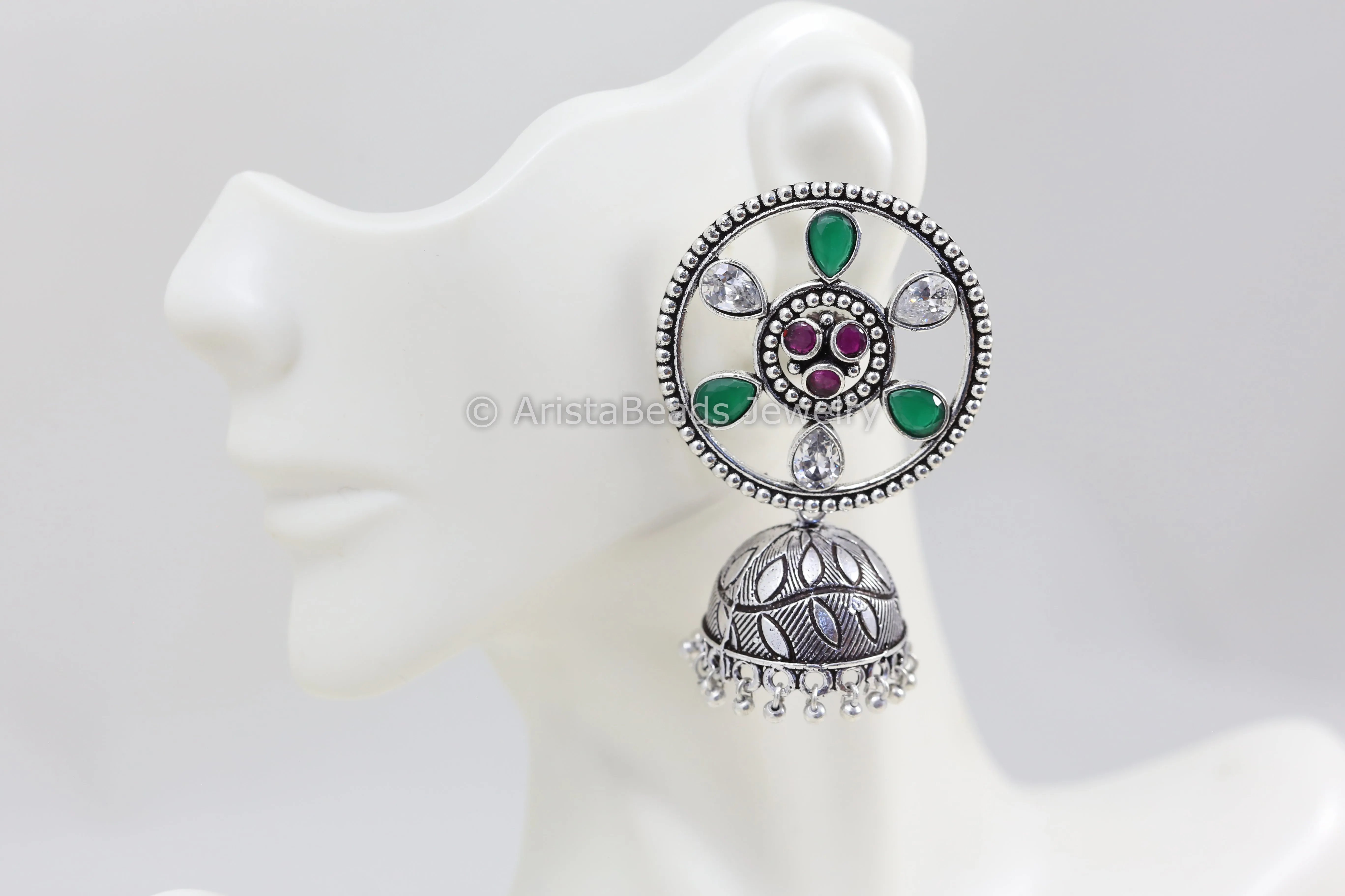 Round Stud Jhumka - Green White Stones