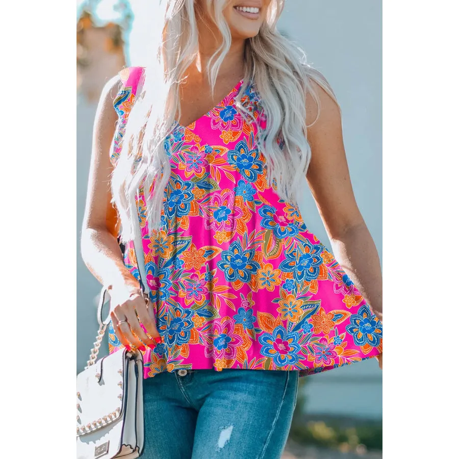 Ruffled Printed V-Neck Tank