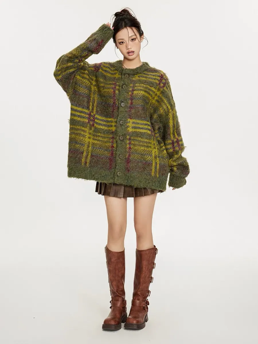 Sanowers American retro contrasting color mohair cardigan sweater for women autumn and winter new casual couple knitted jacket (