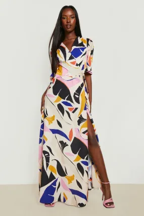 Satin Abstract Printed Wrap Maxi Dress