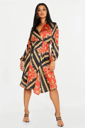 Satin Floral Scarf Print Wrap Midi Dress