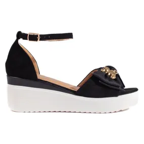 Seastar Black women's wedge sandals with a bow