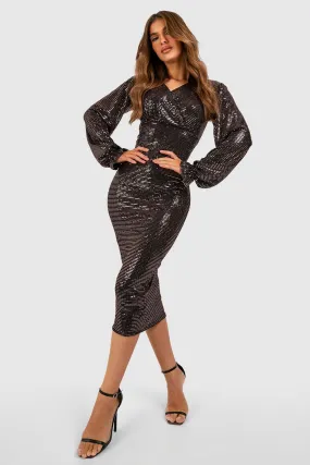 Sequin Long Sleeve Wrap Detail Midi Dress