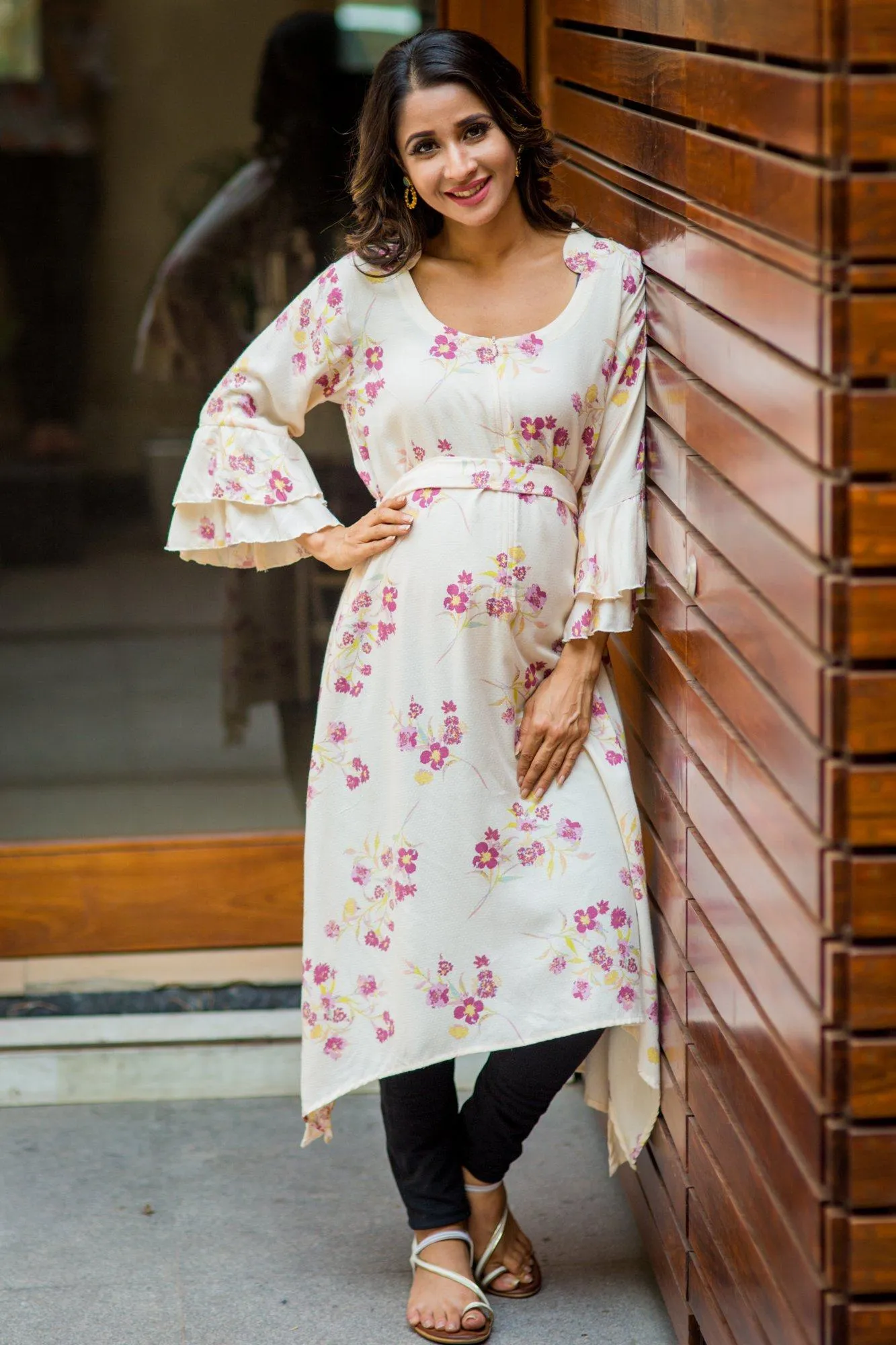 Serene White Floral Maternity & Nursing Kurta