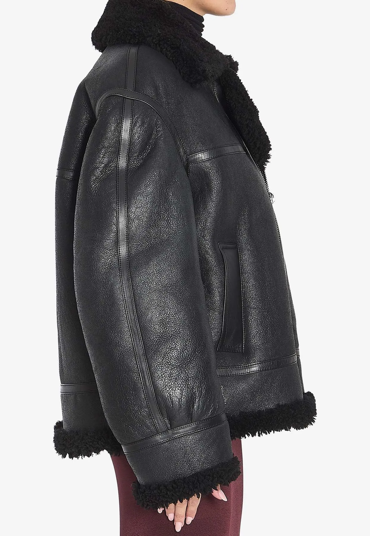 Shearling-Trimmed Zip-Up Leather Jacket
