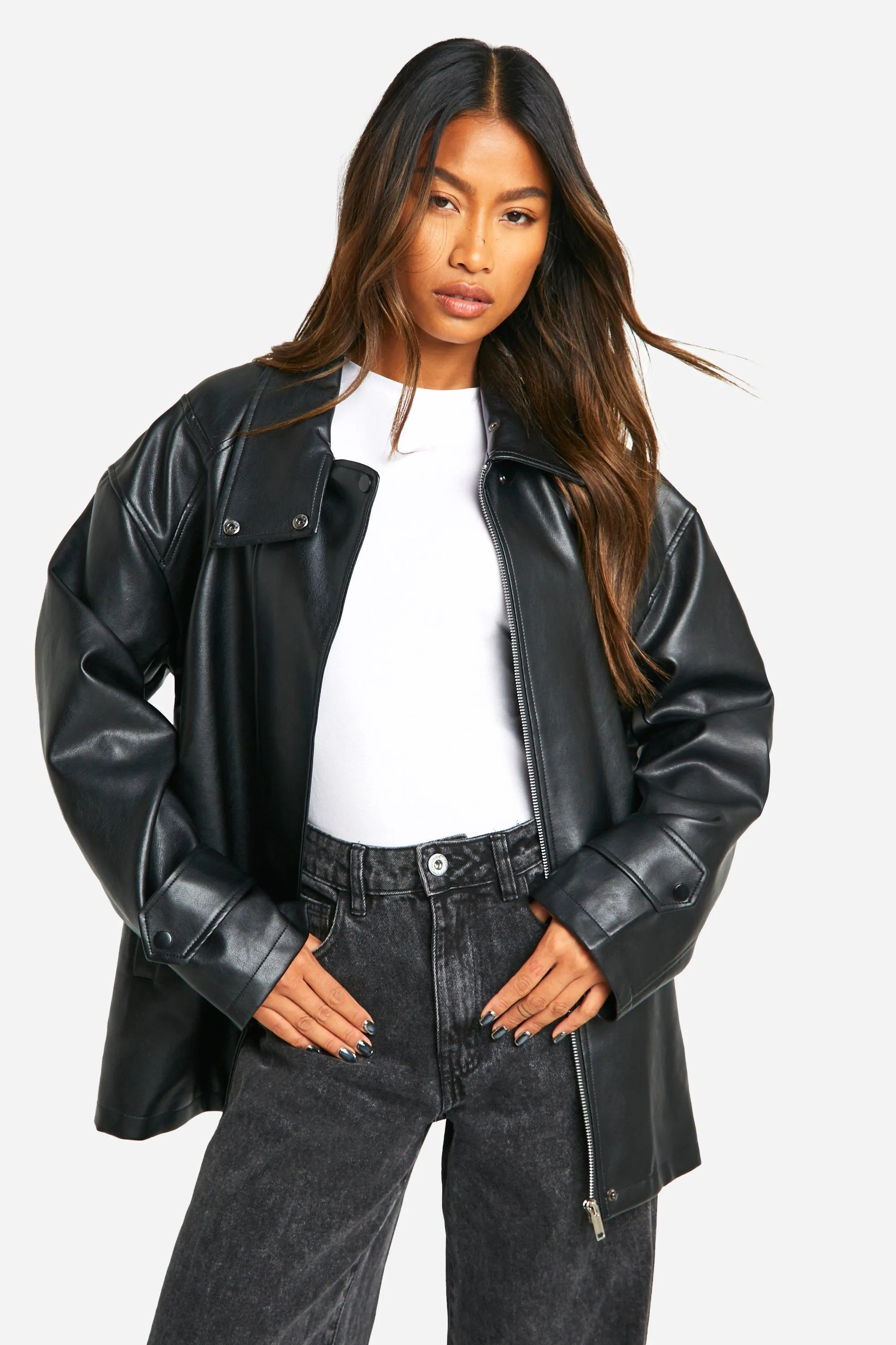 Short Faux Leather Trench Coat