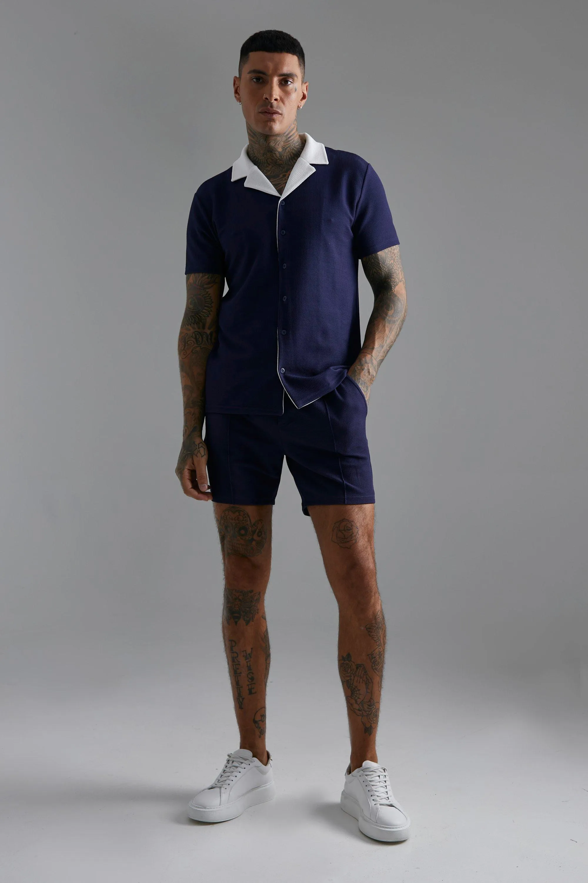 Short Sleeve Jersey Textured Shirt And Short | boohooMAN UK