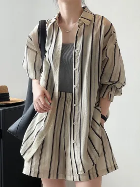 Shorts suit women's summer high-end thin long-sleeved striped sun protection shirt high-waisted wide-leg casual pants two-piece 