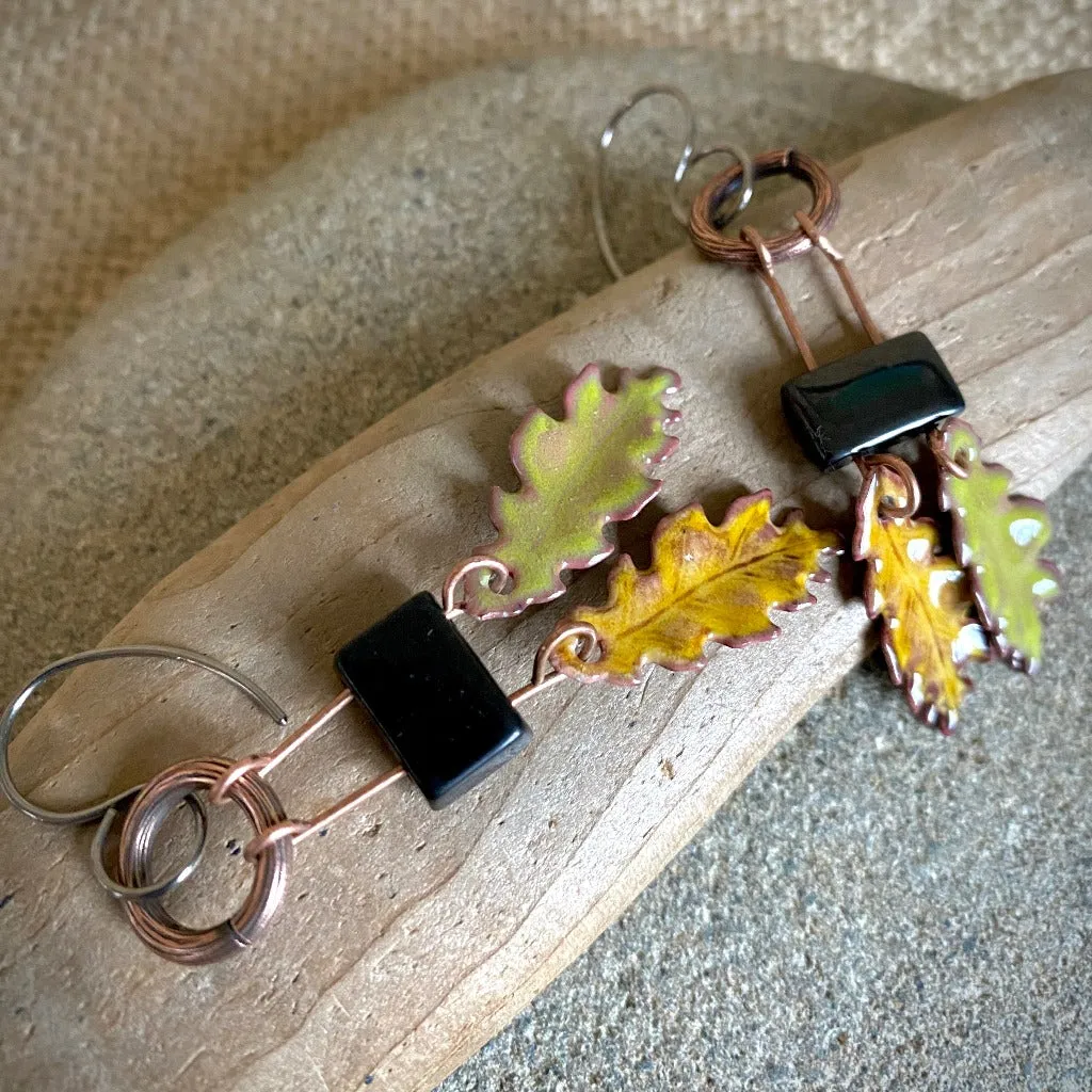 Shungite & Enameled Copper Double Oak Leaf Earrings, Yellow & Green