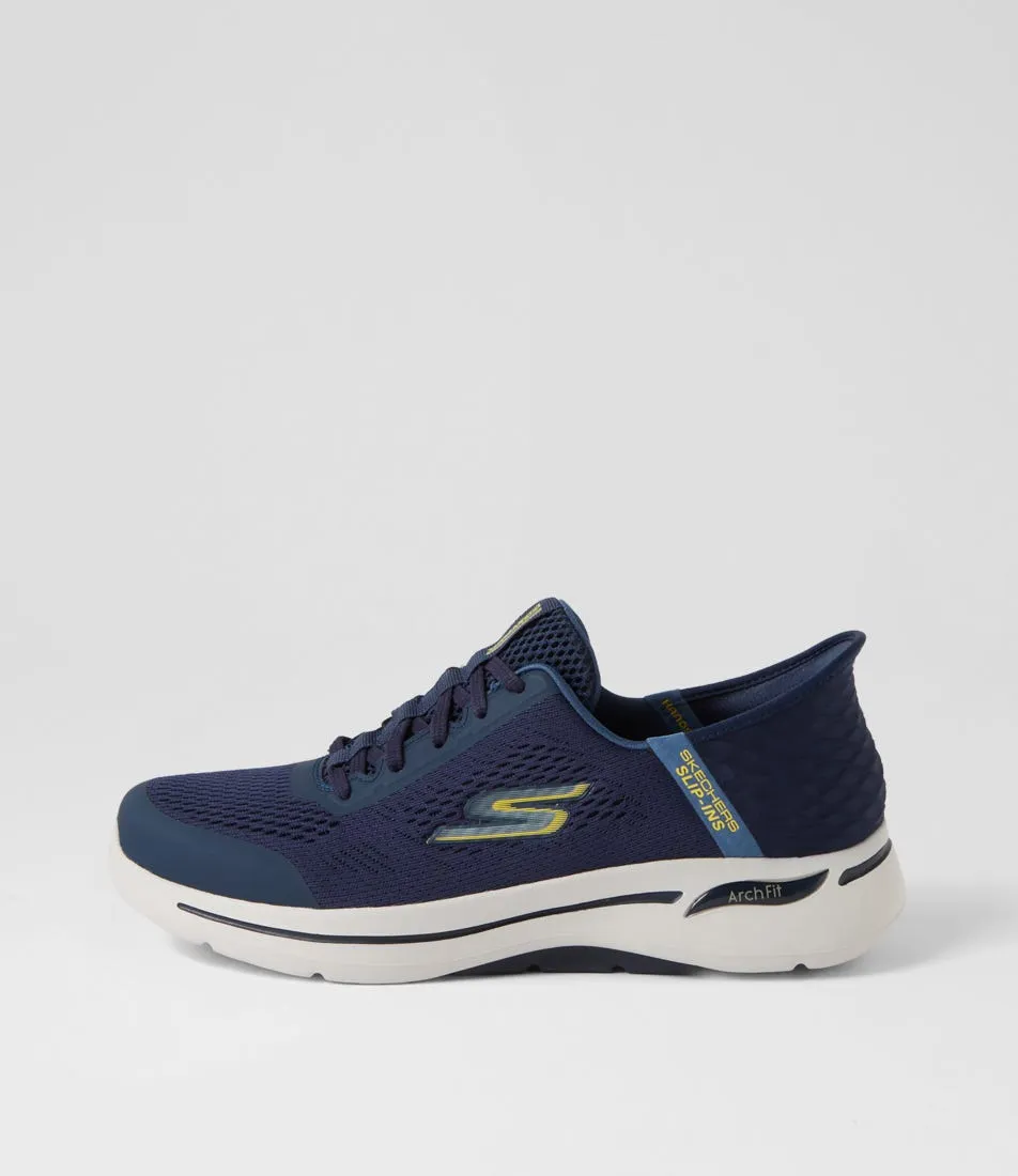 SKECHERS Go Walk Arch Fit Navy Yellow Mesh Sneakers
