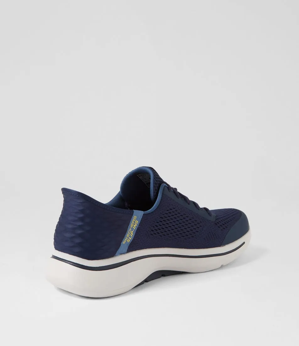SKECHERS Go Walk Arch Fit Navy Yellow Mesh Sneakers