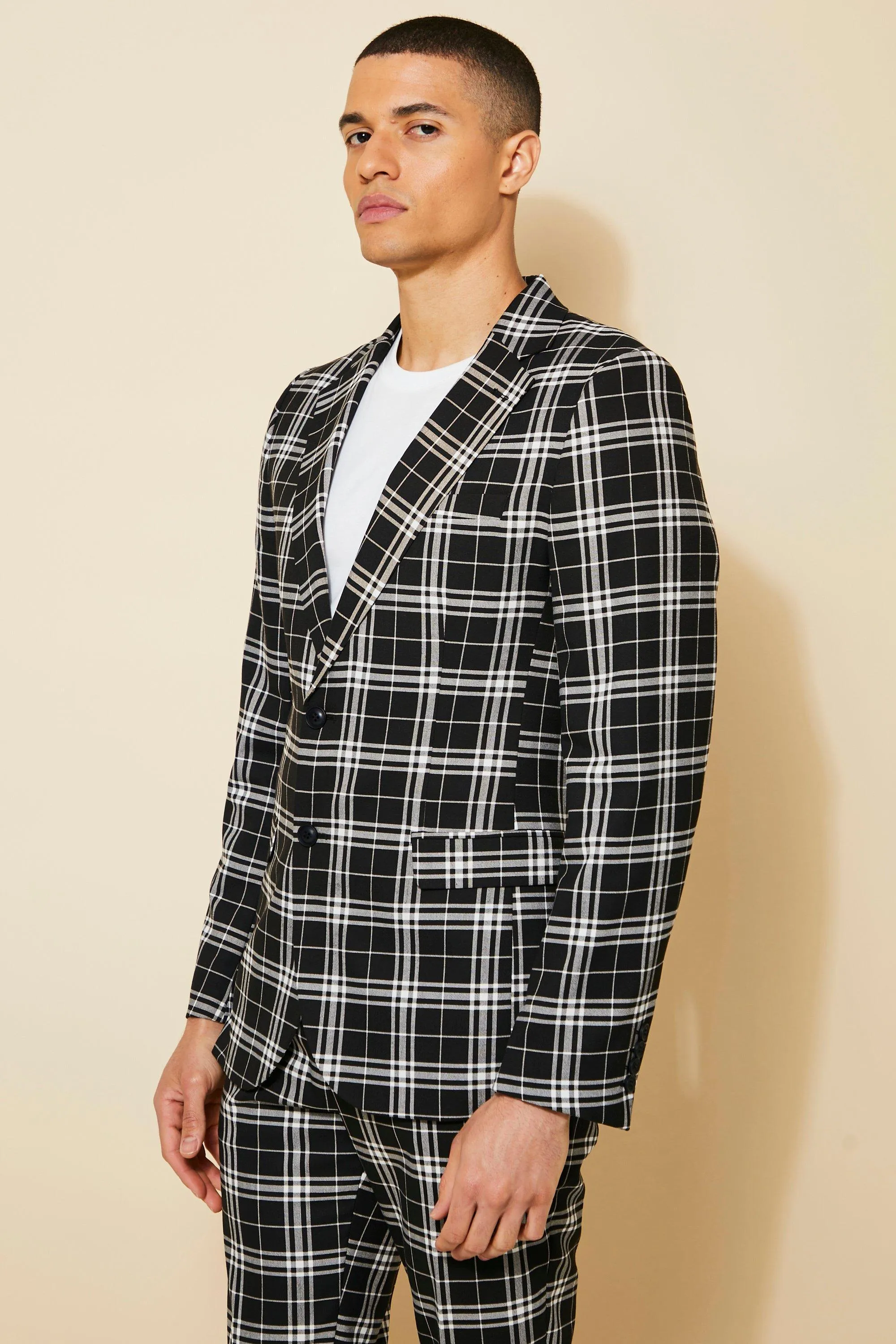 Skinny Single Breasted Check Suit Jacket
