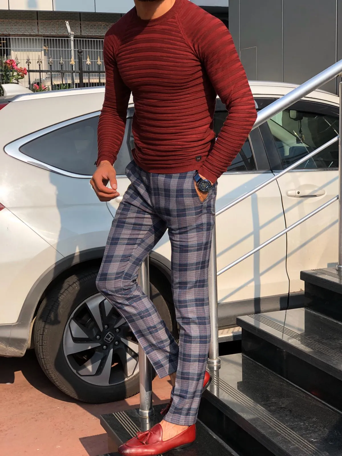 Slim-Fit Patterned Knitwear Claret-Red