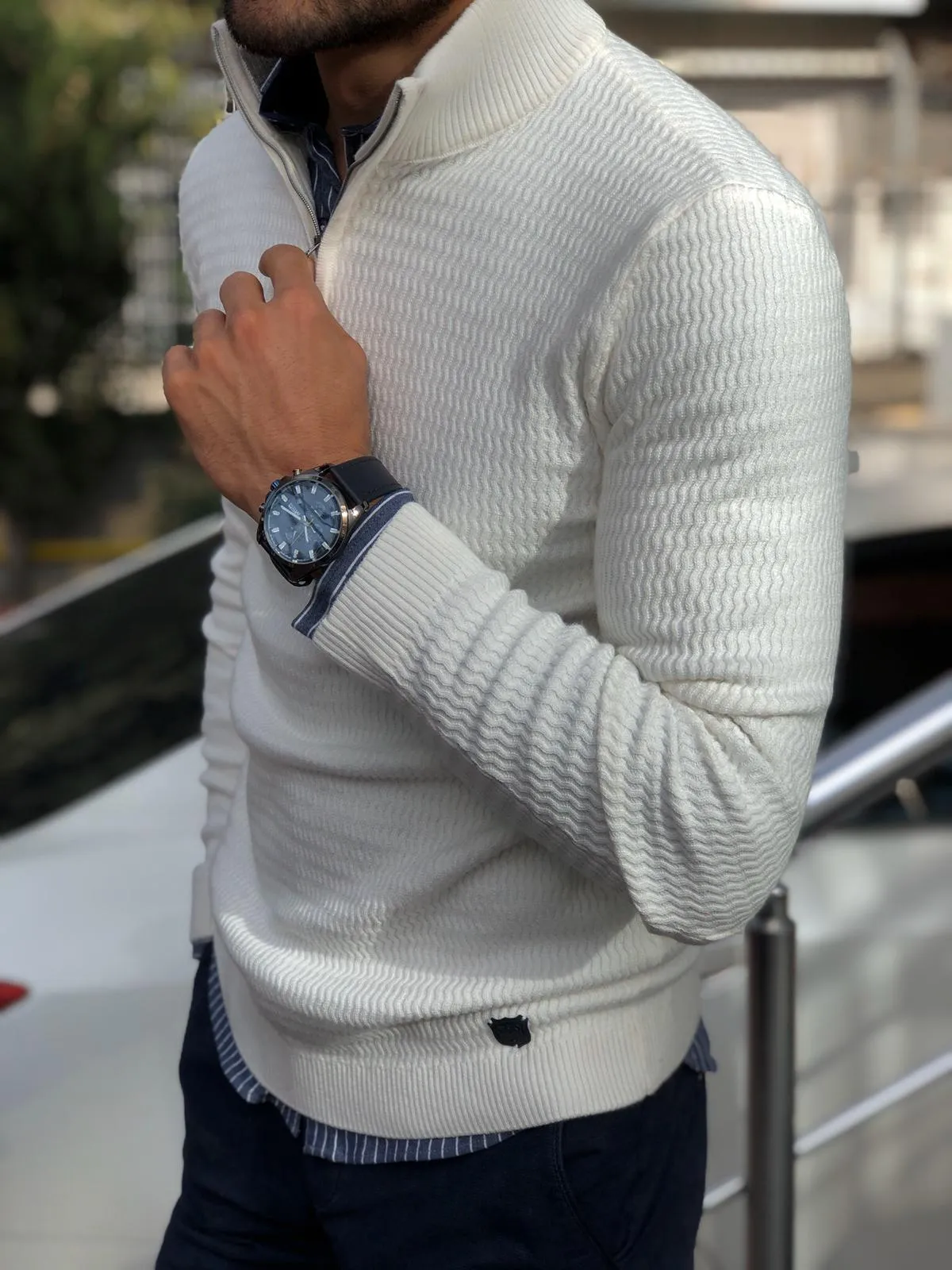 Slim-Fit Zippered Half-Necked Knitwear Ecru