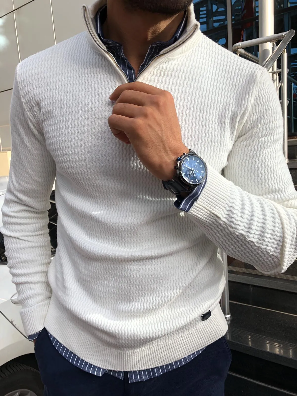 Slim-Fit Zippered Half-Necked Knitwear Ecru