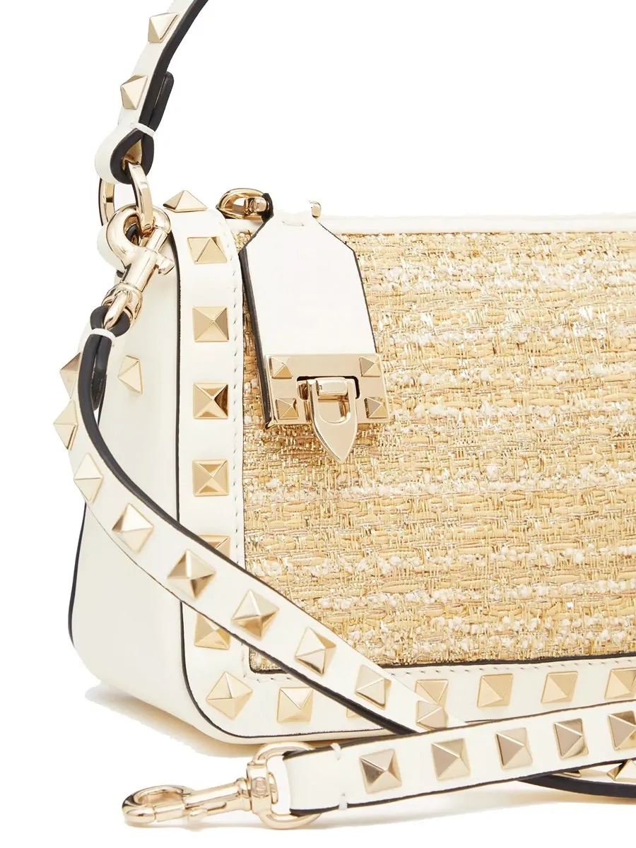 Small Rockstud Shoulder Bag Boucle Raffia in Ivory