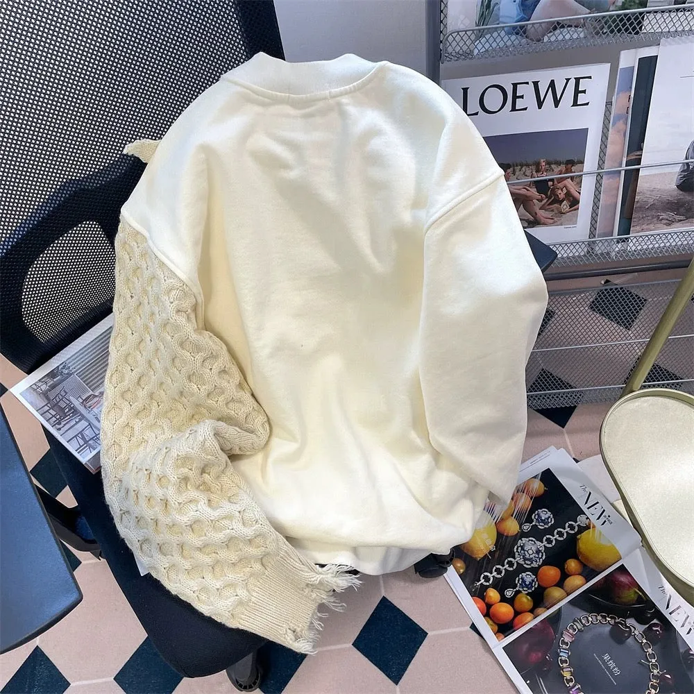 Sweet art student niche knitted splicing sweater jacket men and women autumn and winter loose lazy style irregular tops