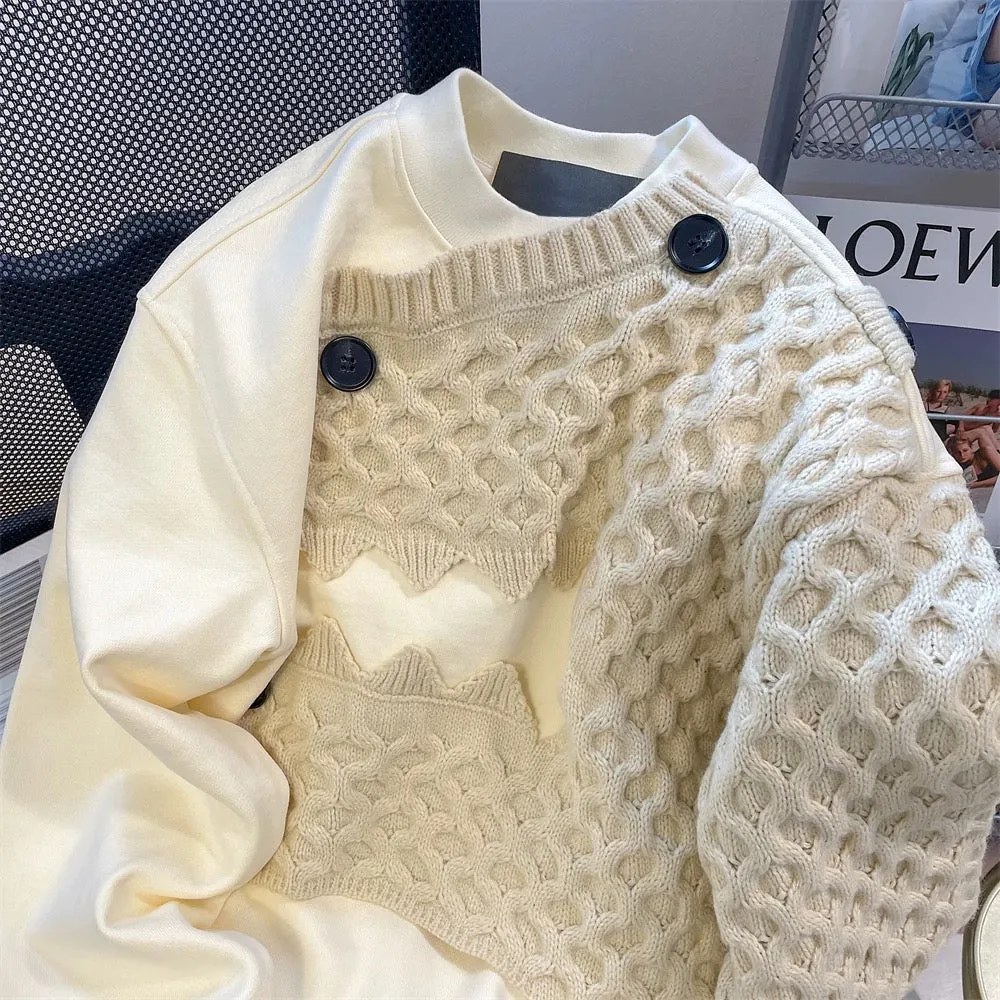 Sweet art student niche knitted splicing sweater jacket men and women autumn and winter loose lazy style irregular tops