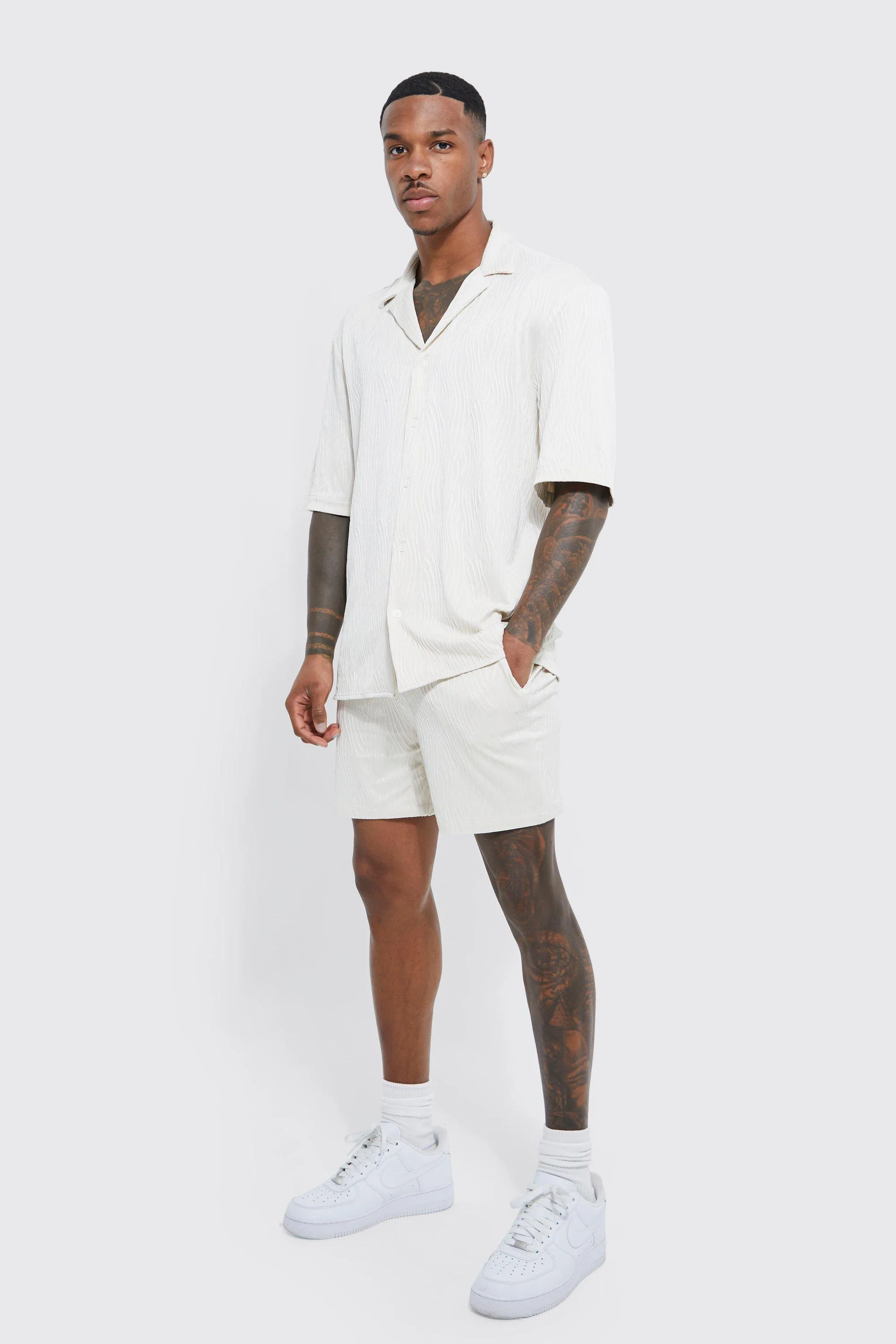 Swirled Jersey Textured Short Sleeve Shirt And Short | boohooMAN UK