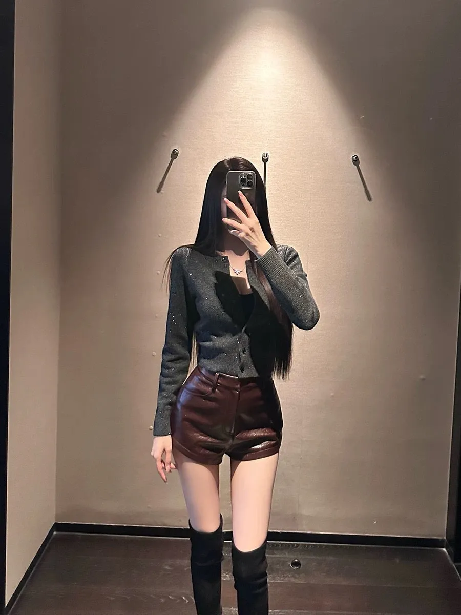 SX Shanxi black 100% merino wool full-body diamond cardigan top women's high-end temperament Korean style short jacket