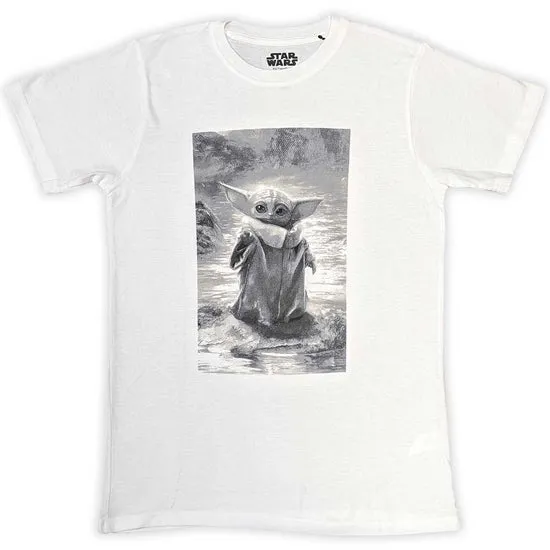T-Shirt - Star Wars - The Mandalorian Grogu B&W - White