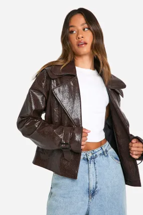 Tall Croc Faux Leather Cropped Trench Coat