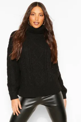 Tall High Neck Chunky Cable Knit Sweater