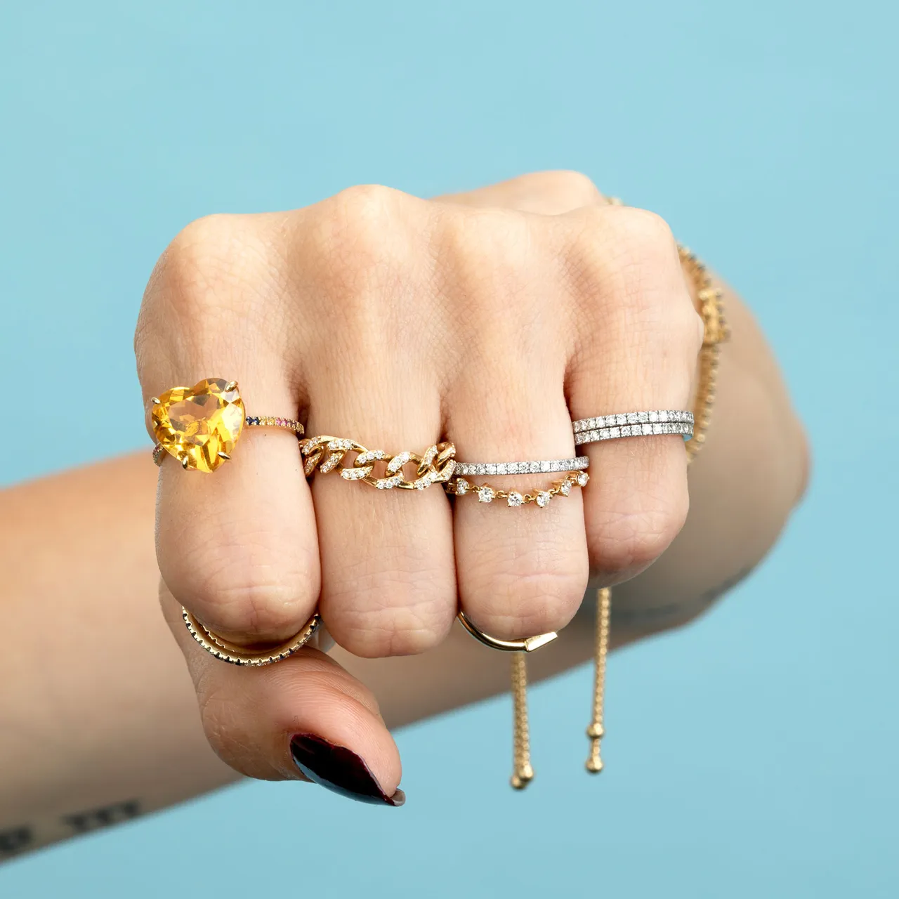 Tennis Chain Ring - White Diamond / 14k Yellow Gold