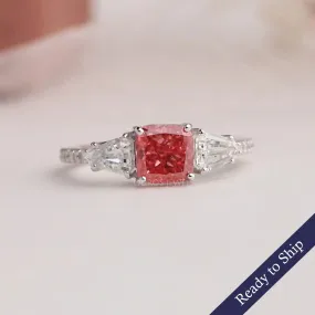 Three Stone Pink Cushion Accent  Diamond  Engagement Ring