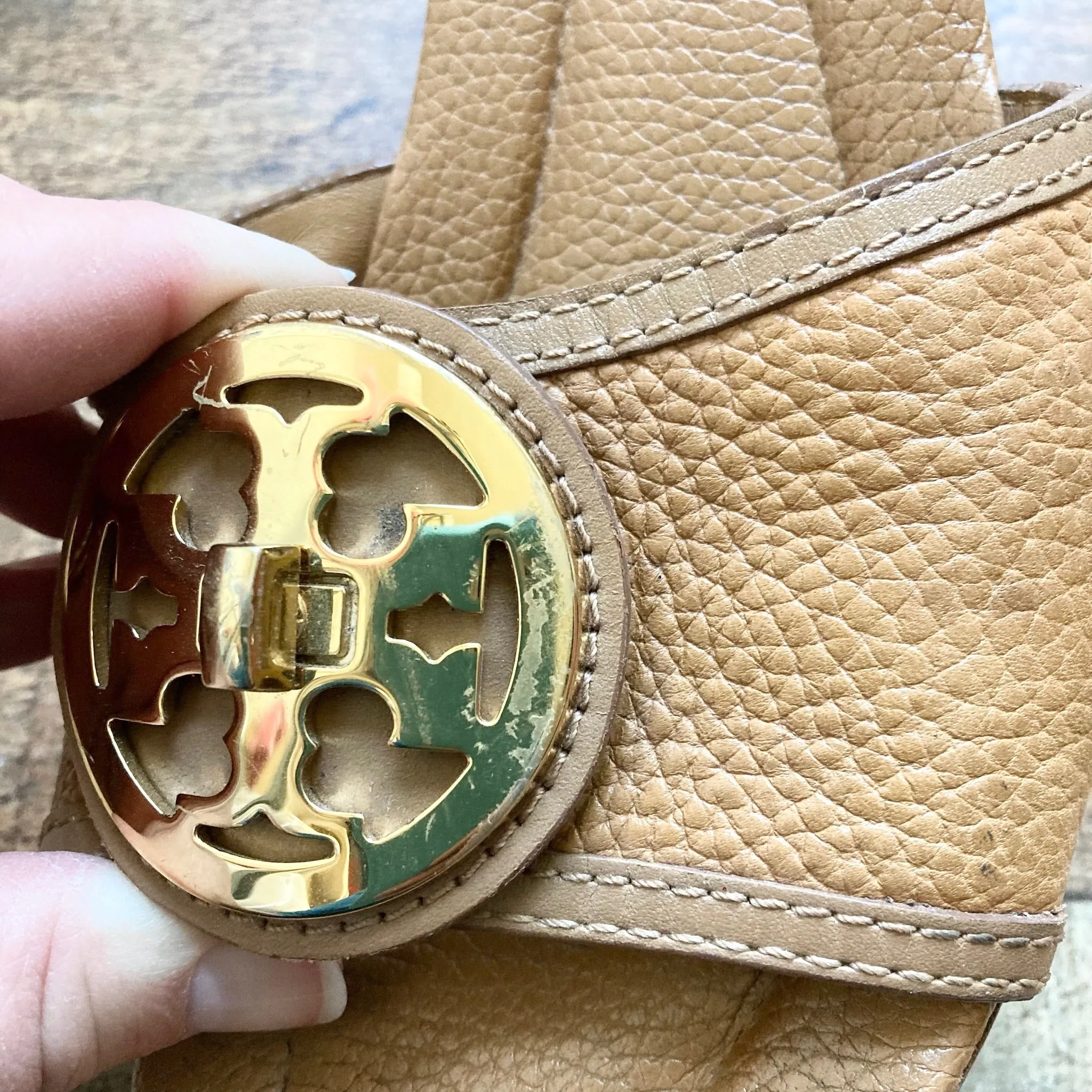 Tory Burch Camel Leather Wedge Slip On Sandals- Size 10 (see notes)