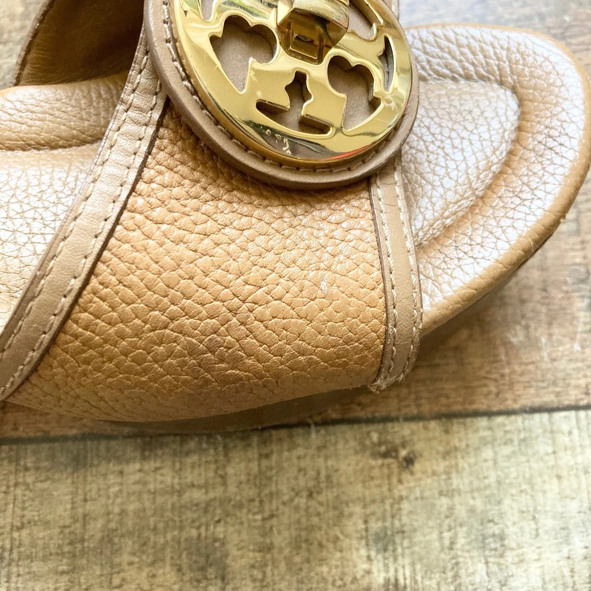 Tory Burch Camel Leather Wedge Slip On Sandals- Size 10 (see notes)
