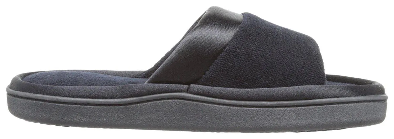 Totes isotoner Women's Microterry Slide Slipper with Satin Trim, Black, 6.5/7  