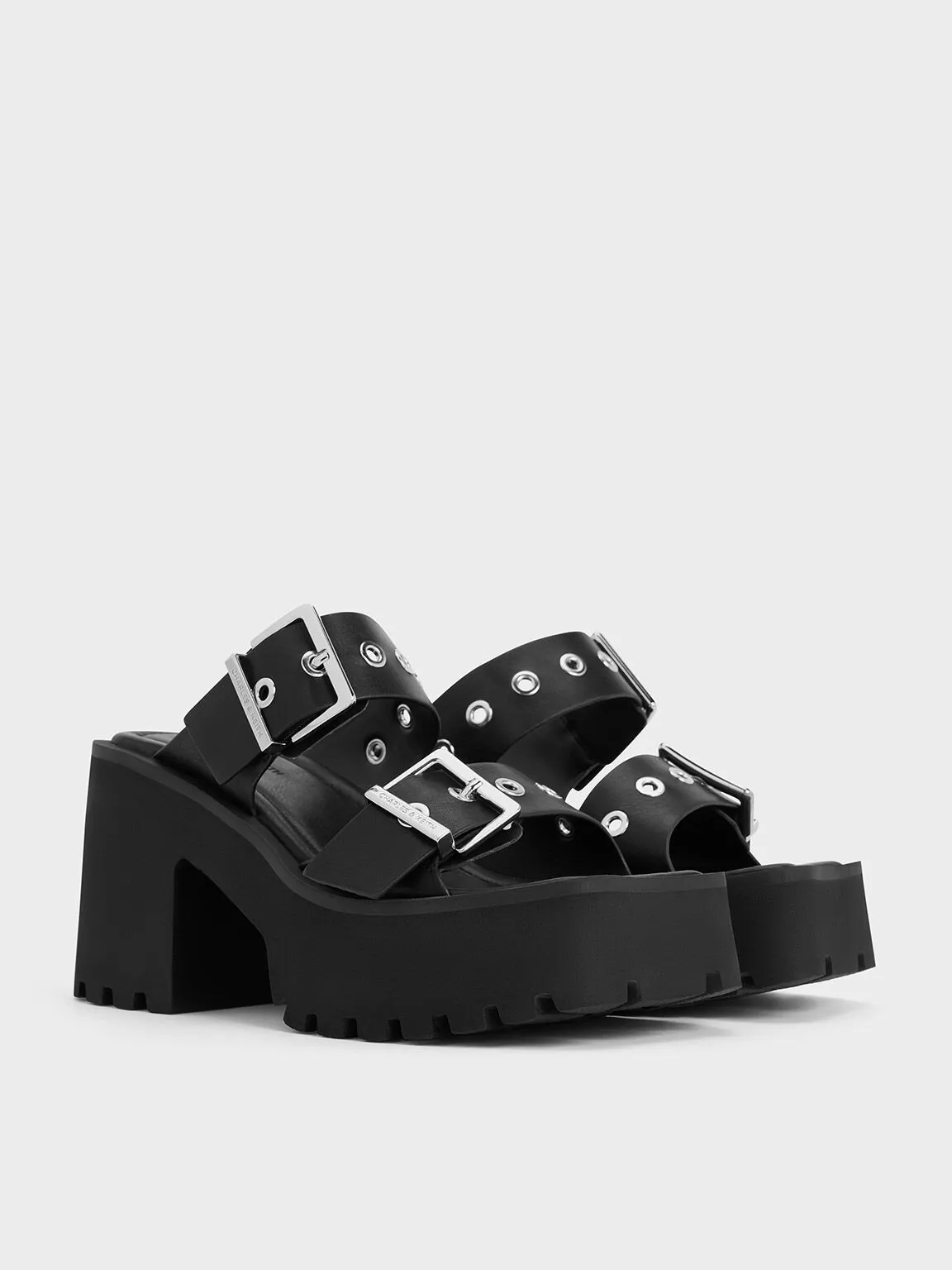 Trill Grommet Double-Strap Platform Mules - Black
