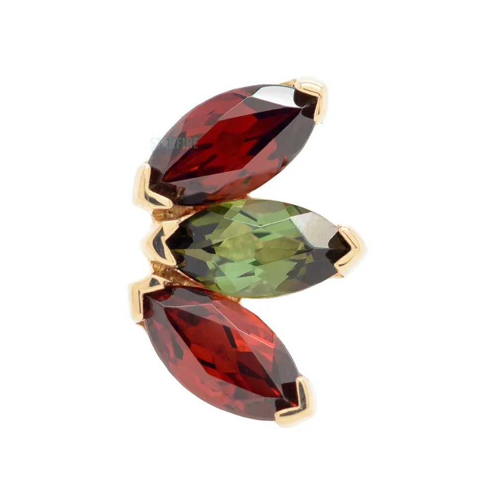 Triple Marquise Fan Threaded End in Gold 'Holiday Collection' with Garnet & Green Tourmaline