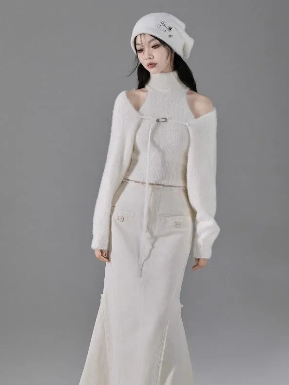 Turtle Neck Sleeveless Sweater ＆ Knitted Shawl Cardigan Set-up