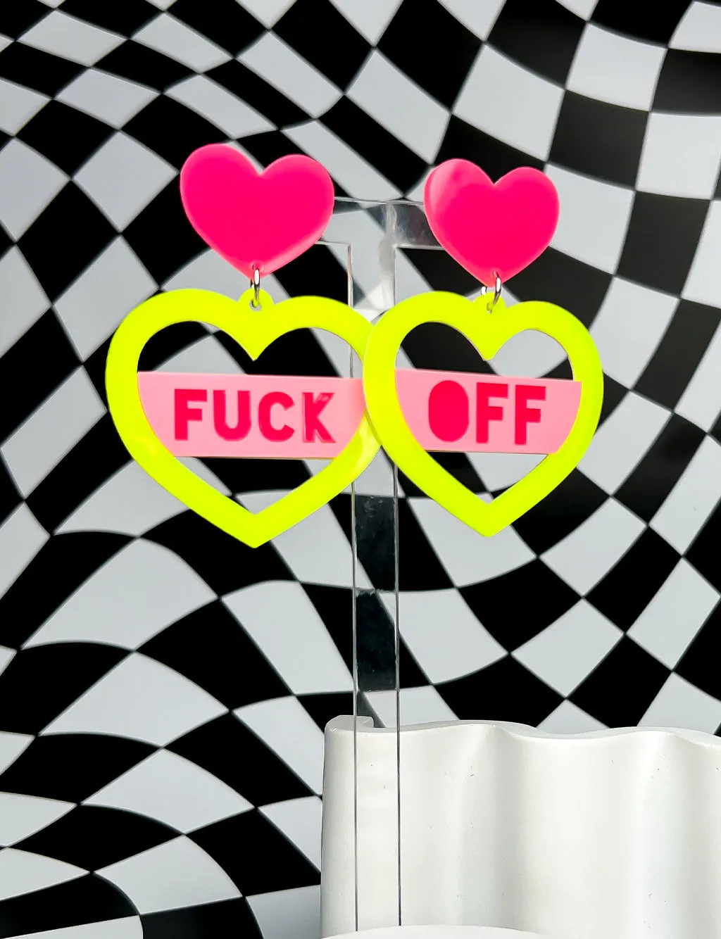 TWO EXTREMES HEART EARRINGS - NEON PINK & YELLOW - F*CK OFF