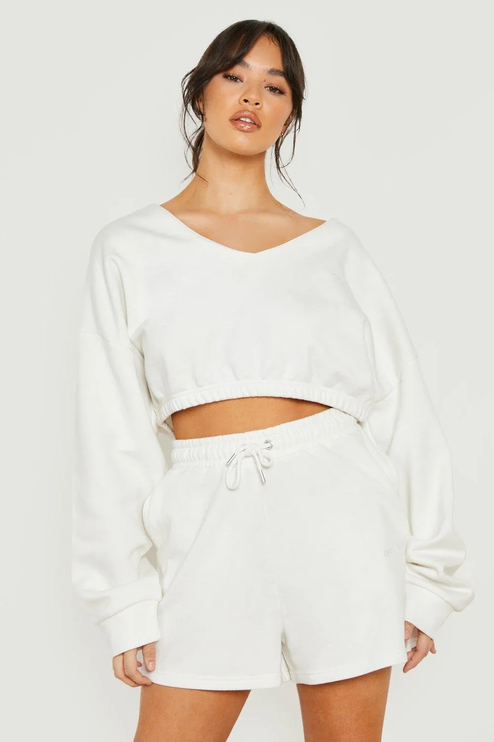 V Neck Crop Sweater Short Tracksuit With Reel Cotton